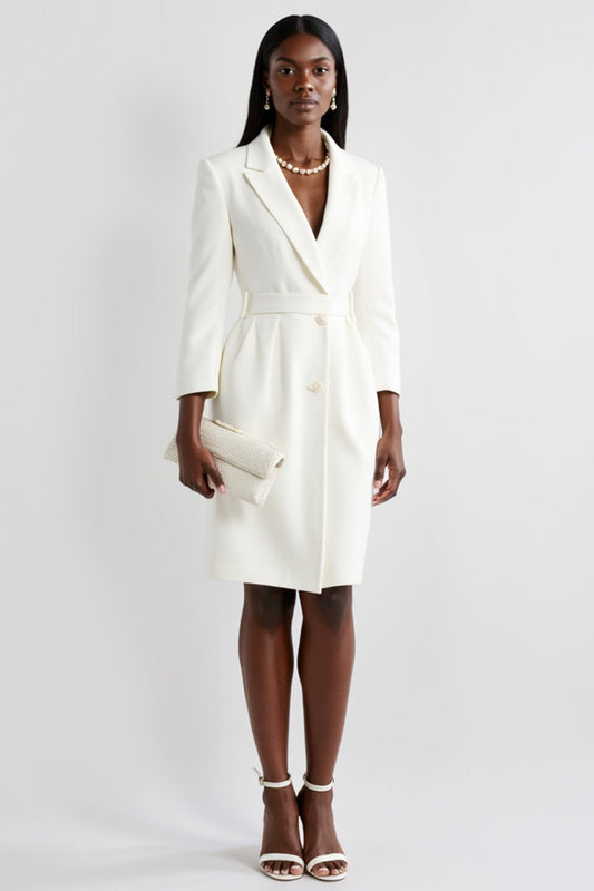 White Bodycon Peak Lapel Satin Short Work Blazer Dress with Sleeves