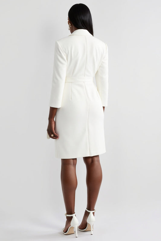 White Bodycon Peak Lapel Satin Short Work Blazer Dress with Sleeves