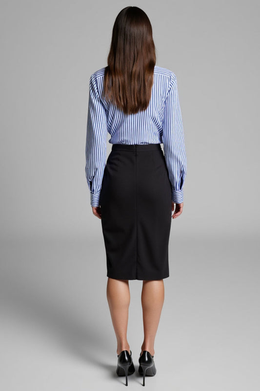 Bodycon 2 Piece Blue Striped Blouse Midi Work Skirt Business Suits