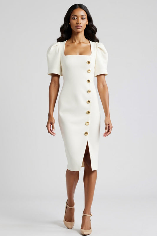 White Bodycon Satin Square Neck Midi Work Blazer Dress with Slit
