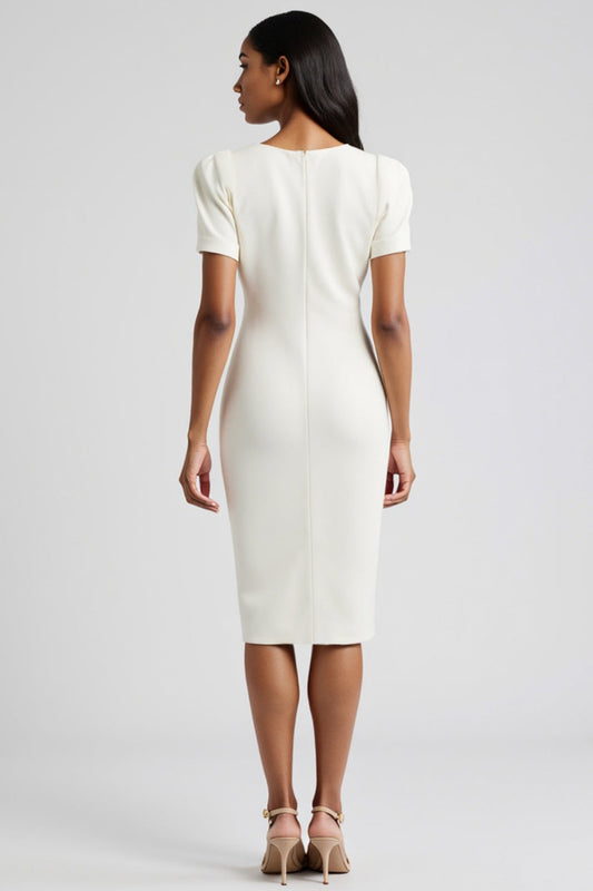 White Bodycon Satin Square Neck Midi Work Blazer Dress with Slit