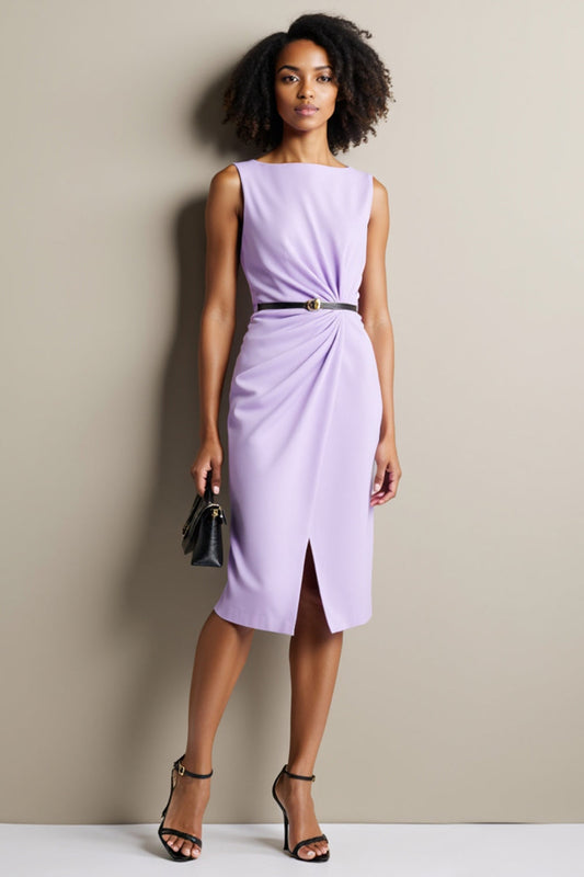 Purple Bodycon Ruched Bateau Neck Midi Work Dress with Slit