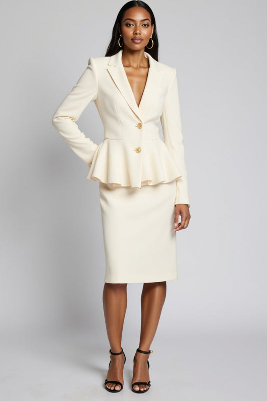 Ivory Peak Lapel 2 Piece Bodycon Satin Midi Business Suits with Ruffles