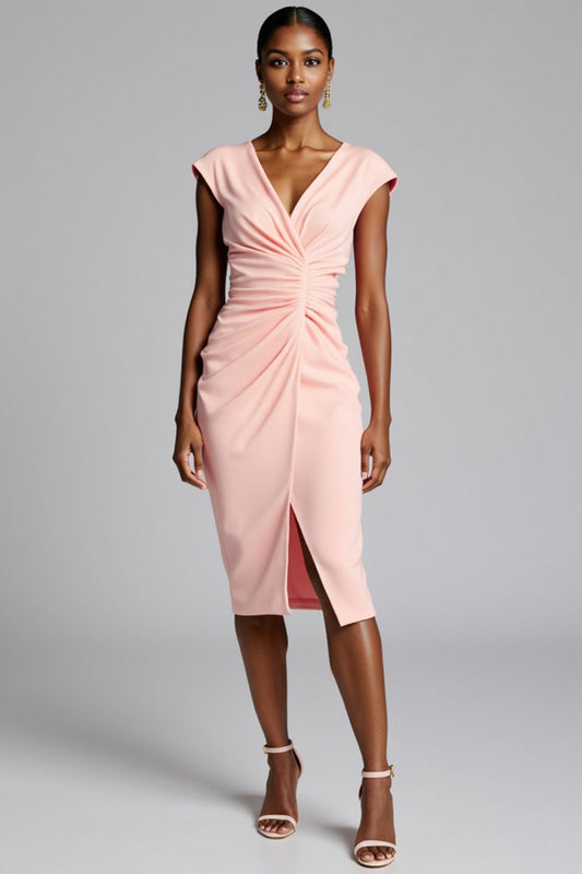 Blush V-Neck Satin Bodycon Midi Ruched Work Dress with Slit