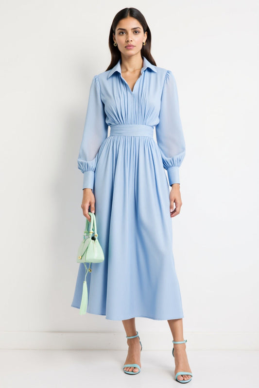 Blue Collar Neck A Line Long Work Dress with Long Sleeves