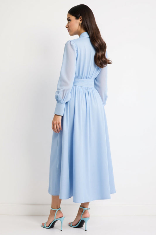 Blue Collar Neck A Line Long Work Dress with Long Sleeves