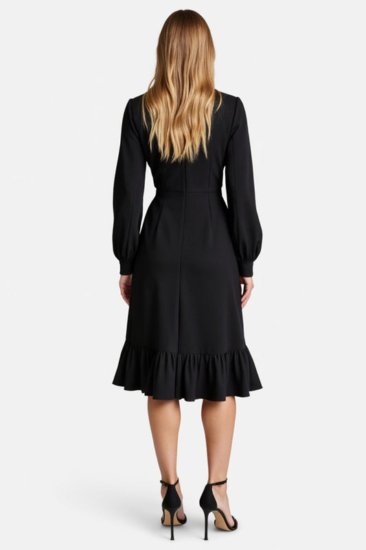 Black A Line Simple Square Neck Satin Midi Work Dress with Long Sleeves