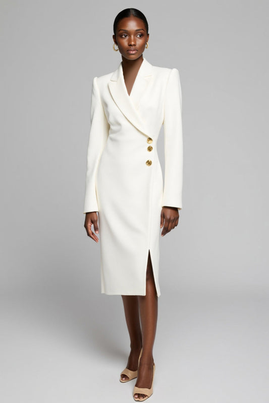 White Peak Lapel Satin Midi Work Blazer Dress with Long Sleeves