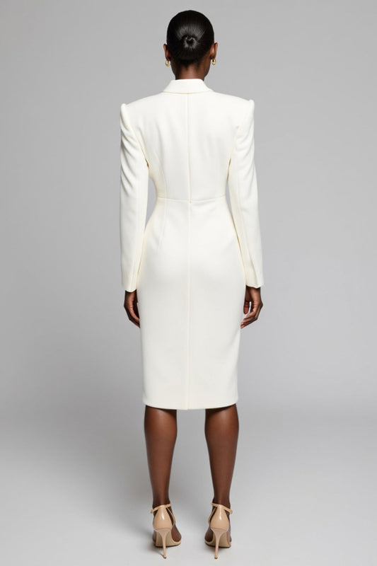 White Peak Lapel Satin Midi Work Blazer Dress with Long Sleeves