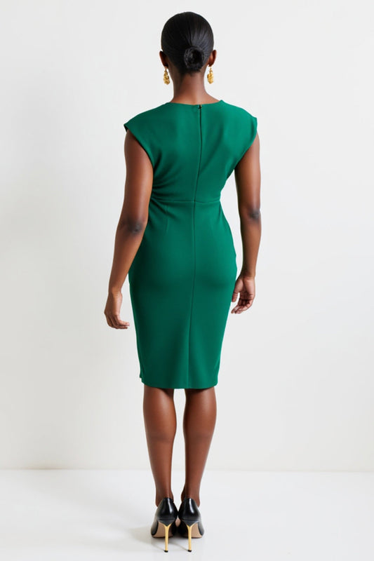 Dark Green One Shoulder Bodycon Ruched Midi Work Dress with Slit