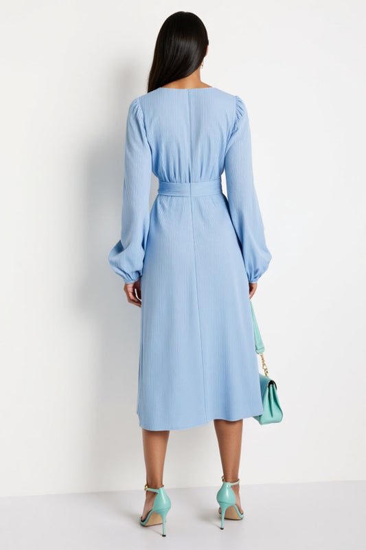 Blue A Line V-Neck Long Sleeves Midi Work Dress with Long Sleeves