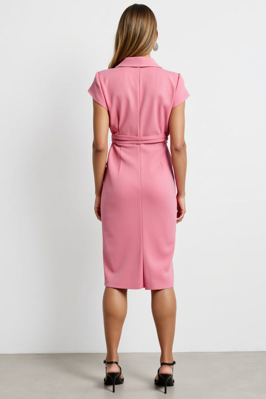 Hot Pink Notched Lapel Bodycon Midi Work Dress with Strings
