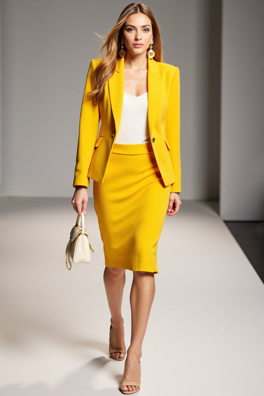 Yellow Peak Lapel Satin 2 Piece Midi Business Suits