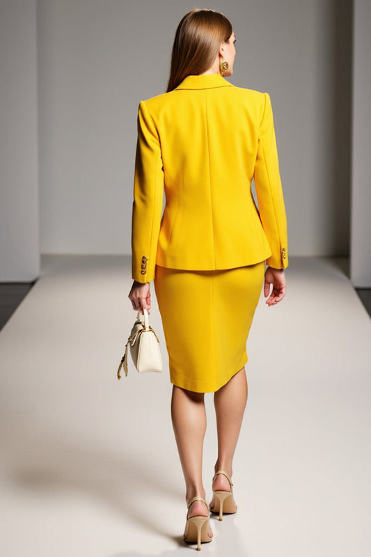 Yellow Peak Lapel Satin 2 Piece Midi Business Suits