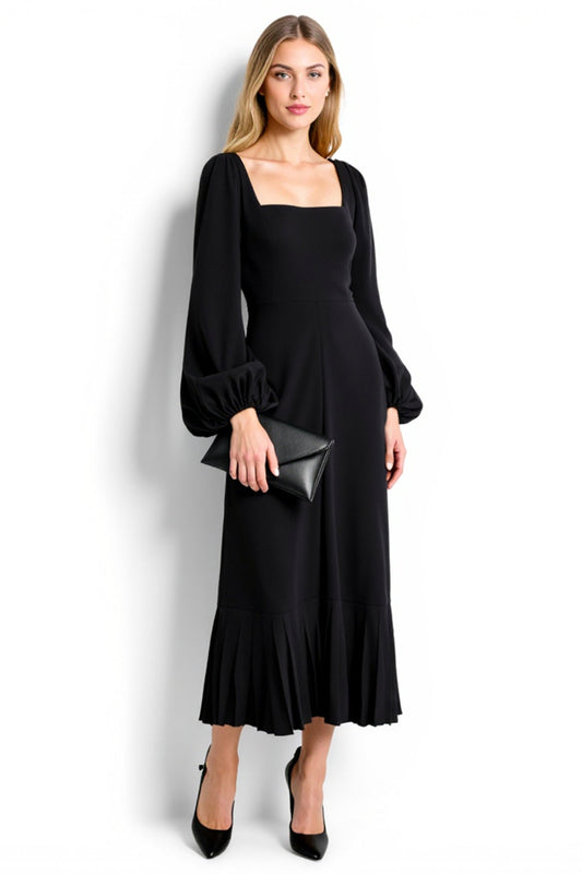 Simple Black Sheath Square Neck Long Work Dress with Sleeves