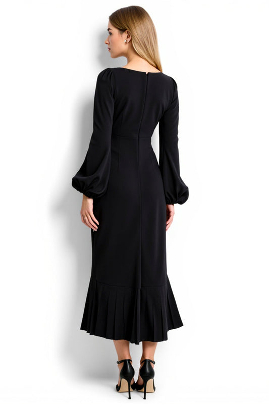 Simple Black Sheath Square Neck Long Work Dress with Sleeves