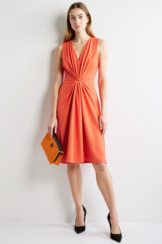 Orange Ruched V-Neck Midi Bodycon Work Dress