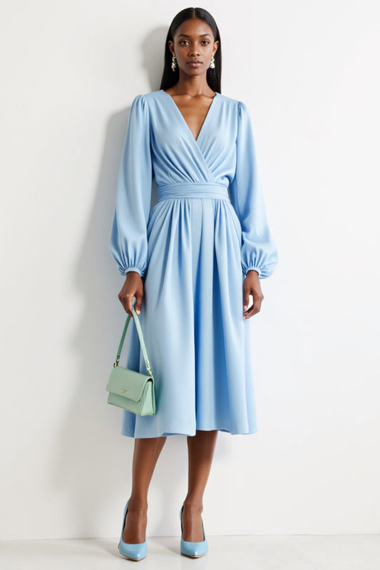 Blue V-Neck A Line Ruched Midi Work Dress with Long Sleeves
