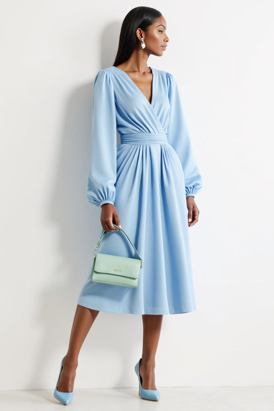 Blue V-Neck A Line Ruched Midi Work Dress with Long Sleeves