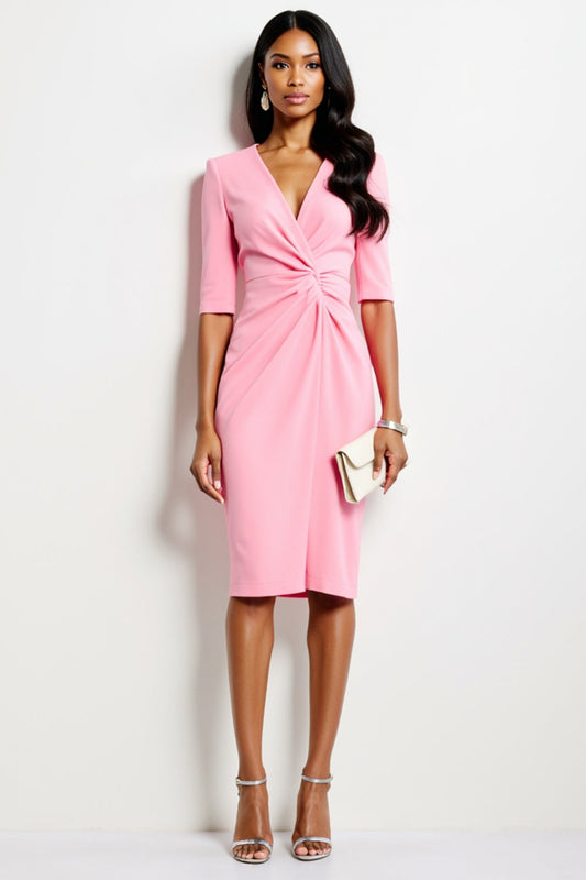 Hot Pink V-Neck Satin Midi Ruched Work Dress with Sleeves