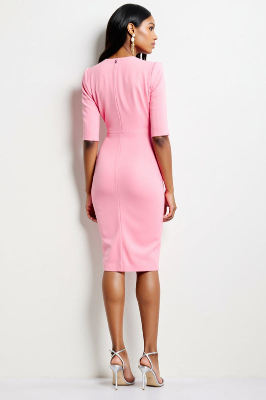 Hot Pink V-Neck Satin Midi Ruched Work Dress with Sleeves