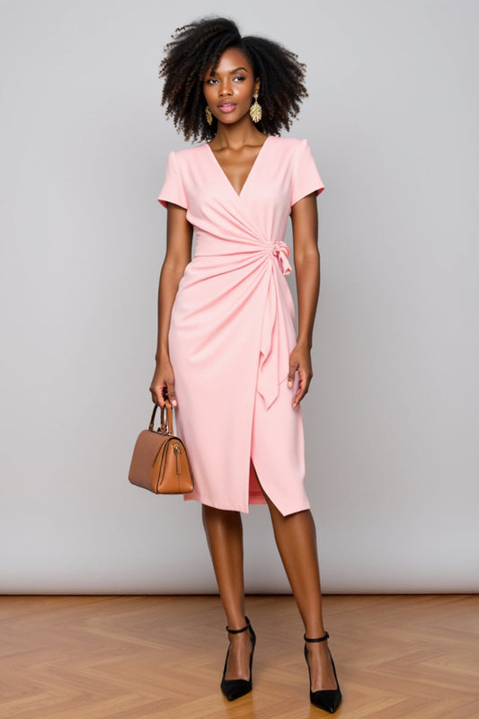 Light Pink V-Neck Satin Midi Work Dress with Short Sleeves