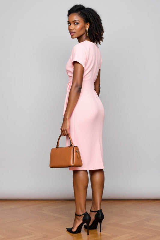 Light Pink V-Neck Satin Midi Work Dress with Short Sleeves