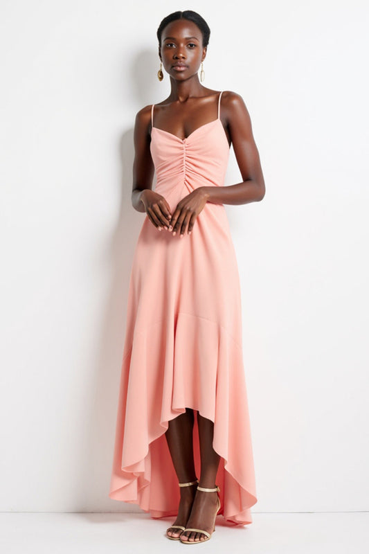 Blush Spaghetti Straps Sheath Asymmetrical High-Low Work Dress