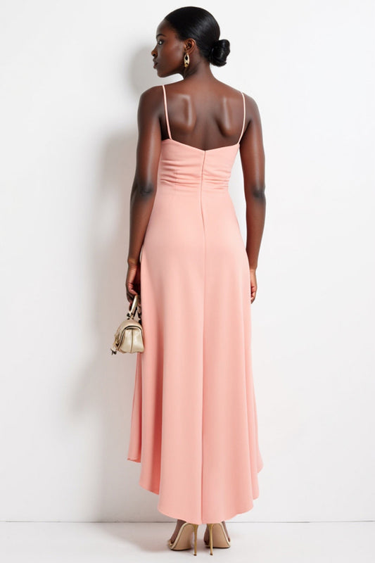 Blush Spaghetti Straps Sheath Asymmetrical High-Low Work Dress