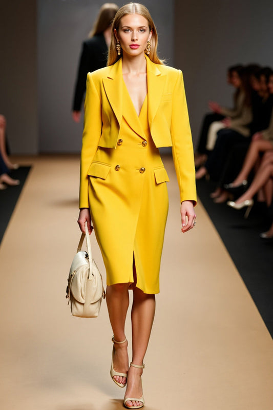 Yellow Peak Lapel Double Breasted Midi Satin Business Suits with Slit