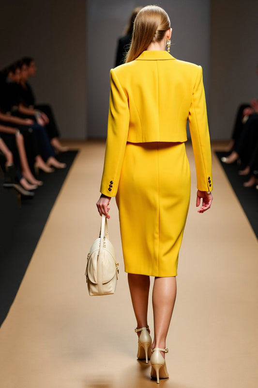 Yellow Peak Lapel Double Breasted Midi Satin Business Suits with Slit