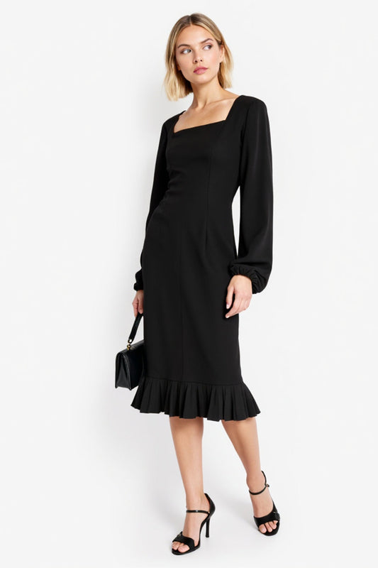 Black Long Sleeves Square Neck Midi Work Dress with Ruffles