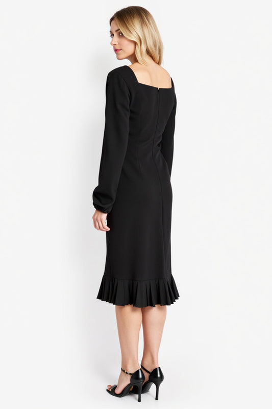 Black Long Sleeves Square Neck Midi Work Dress with Ruffles