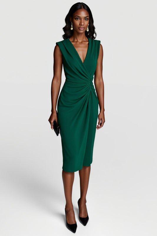 Dark Green V-Neck Bodycon Satin Midi Ruched Work Dress