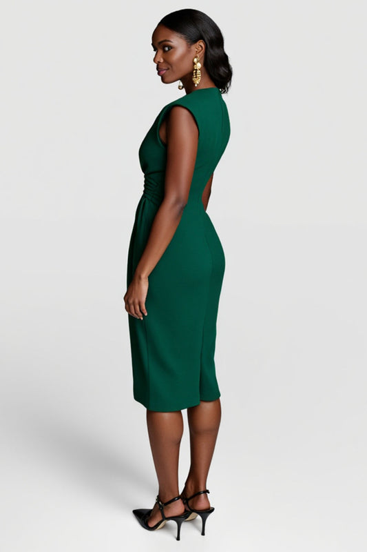 Dark Green V-Neck Bodycon Satin Midi Ruched Work Dress
