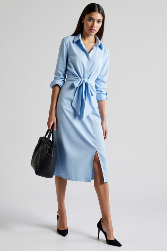 Blue Collar Neck A Line Tie Front Midi Work Shirt Dress with Sleeves