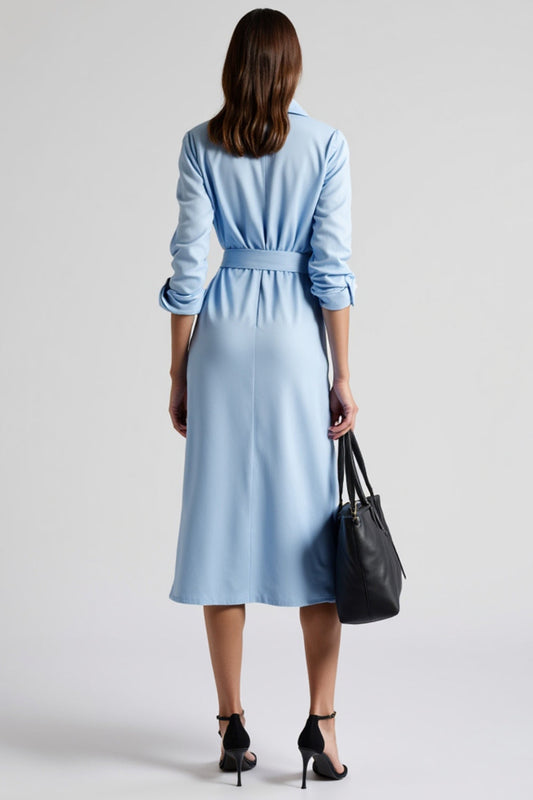 Blue Collar Neck A Line Tie Front Midi Work Shirt Dress with Sleeves