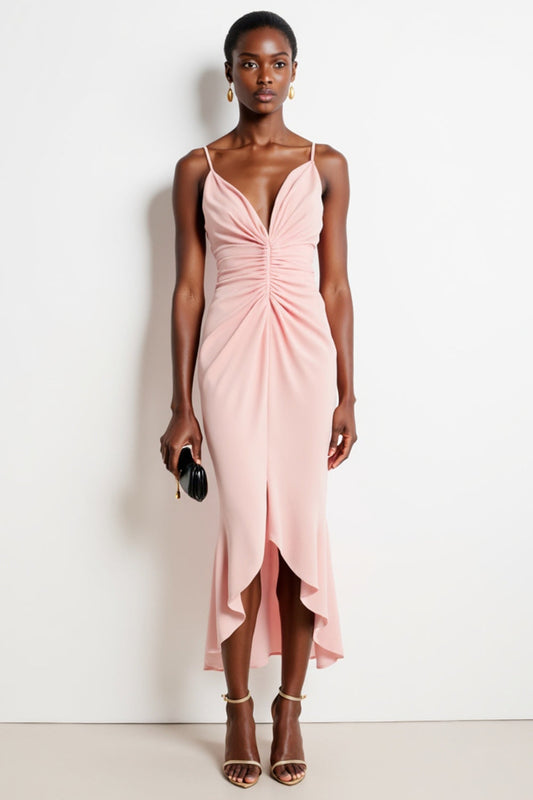 Blush Spaghetti Straps Mermaid High-Low Ruched Work Dress with Ruffles
