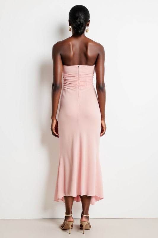 Blush Spaghetti Straps Mermaid High-Low Ruched Work Dress with Ruffles
