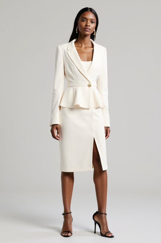 White Peak Lapel 2 Piece Satin Ruffled Midi Business Suits with Slit