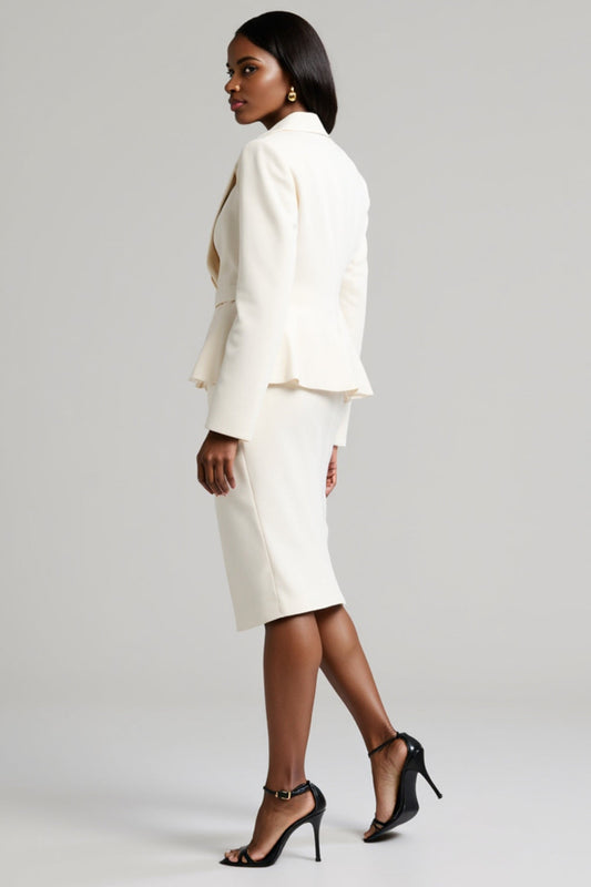 White Peak Lapel 2 Piece Satin Ruffled Midi Business Suits with Slit