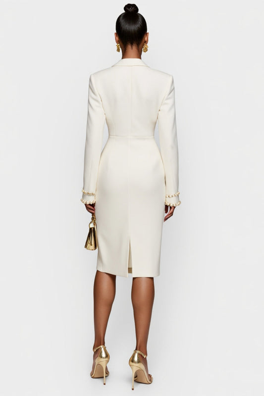 White Satin Bodycon Peak Lapel Midi Work Blazer Dress