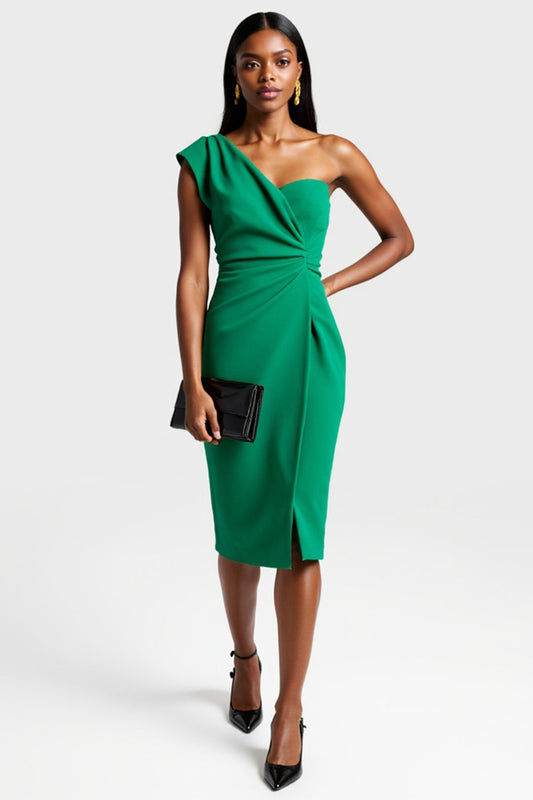 Dark Green One Shoulder Satin Midi Ruched Work Dress with Slit