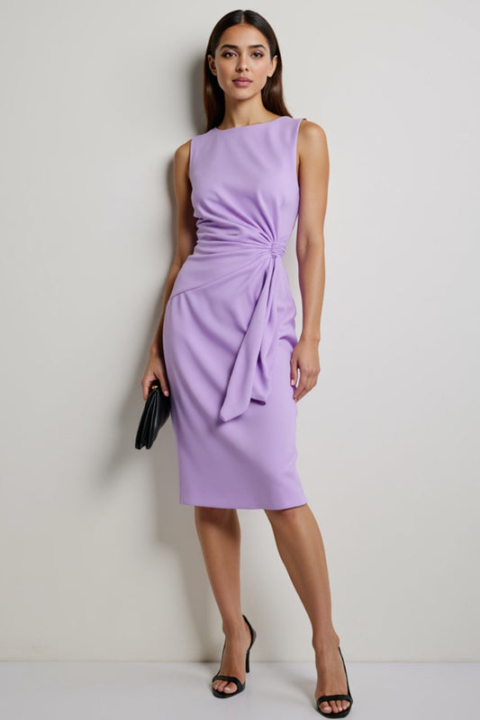 Purple Satin Bodycon BateauTie Front Midi Work Dress