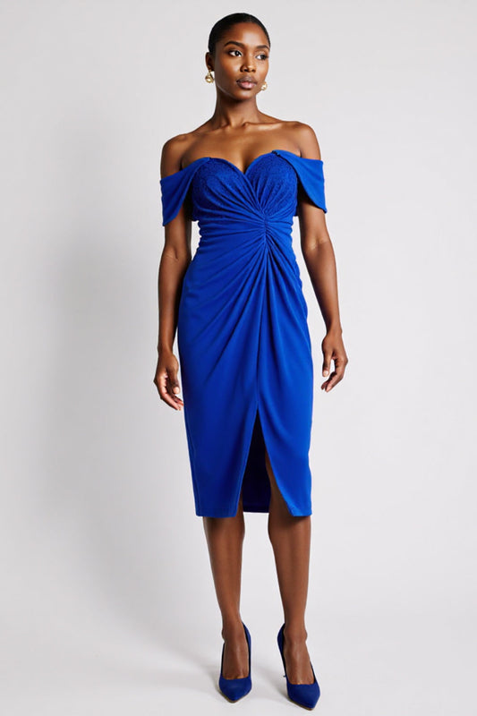 Royal Blue Off the Shoulder Ruched Bodycon Satin Midi Work Dress with Slit