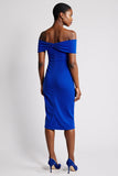 Royal Blue Off the Shoulder Ruched Bodycon Satin Midi Work Dress with Slit Royal Blue Off the Shoulder Ruched Bodycon Satin Midi Work Dress with Slit