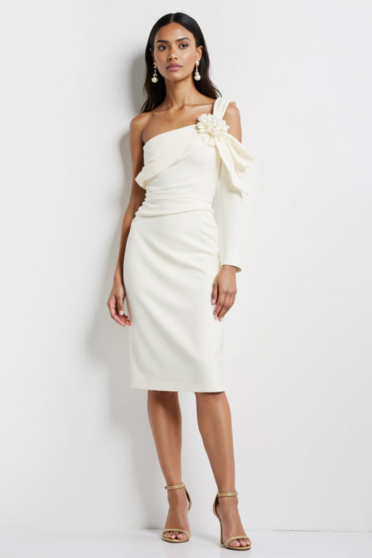 White Satin Midi Bodycon Work Dress with Flower
