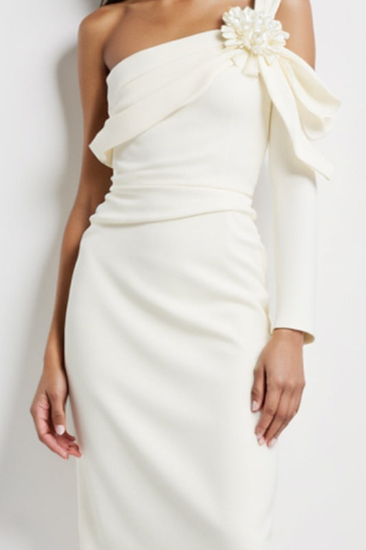 White Satin Midi Bodycon Work Dress with Flower