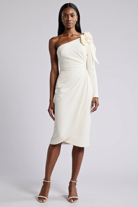 White Bodycon Satin Midi Ruched Work Dress with Flower