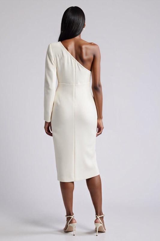 White Bodycon Satin Midi Ruched Work Dress with Flower